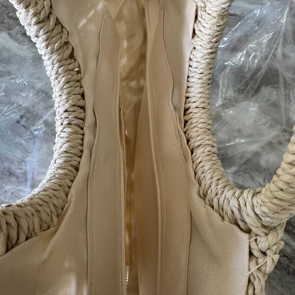 NEW Beige Bamboo Woven Semicircle Tote Handbag - Picture 6 of 12